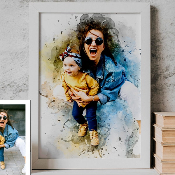 Benutzerdefinierte Porträt Aquarell personalisierte Kunst vom Fotodruck Porträt Familie Kinder Zimmer Dekor Wand Kunstwerk nach Maß Geschenk Jahrestag