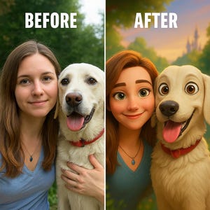 May include: A split image shows a woman and a dog, then a cartoon version of the same pair. The woman and cartoon character wear blue shirts and necklaces. The dog and cartoon dog have red collars. The text "BEFORE" and "AFTER" are at the top.