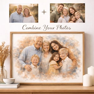 Può includere: Un ritratto di famiglia incorniciato, in stile acquerello, che combina due foto. L'immagine principale mostra una famiglia di sei persone, con una calda tavolozza di colori. Il testo "Combine Your Photos" è visualizzato sopra la cornice.
