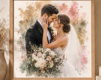 May include: A framed watercolor print of a couple embracing, likely a wedding portrait. The man wears a black tuxedo, and the woman is in a white wedding dress with a veil. A bouquet of flowers is in the foreground. The background has soft watercolor washes.
