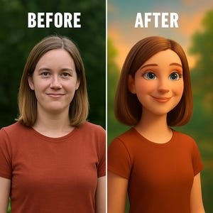 May include: A split image showing a woman before and after a digital transformation. The "BEFORE" image shows a woman in a rust-colored t-shirt. The "AFTER" image is a cartoon version of the woman, also in a rust-colored t-shirt.