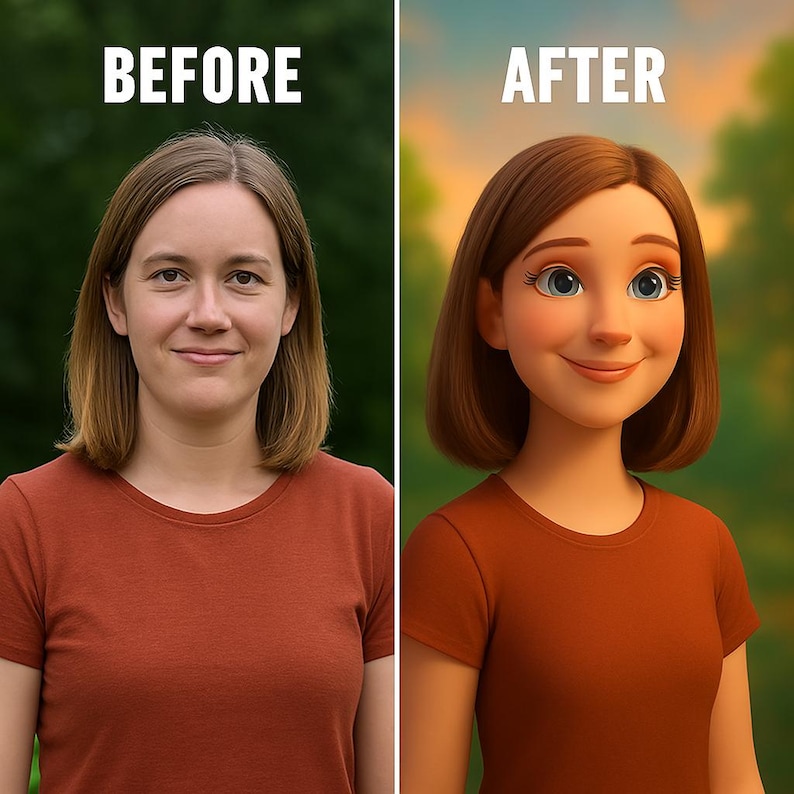 May include: A split image showing a woman before and after a digital transformation. The "BEFORE" image shows a woman in a rust-colored t-shirt. The "AFTER" image is a cartoon version of the woman, also in a rust-colored t-shirt.