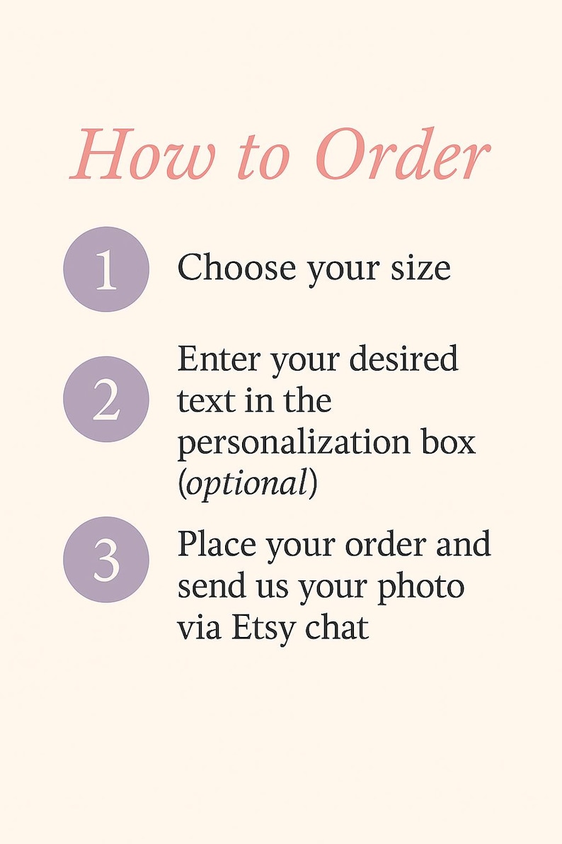 Puede incluir: Imagen con instrucciones de pedido. El texto en rosa dice &laquo;C&oacute;mo ordenar&raquo;. Los pasos incluyen elegir una talla, ingresar texto en un cuadro de personalizaci&oacute;n y realizar un pedido con una foto a trav&eacute;s del chat de Etsy. Fondo crema claro.