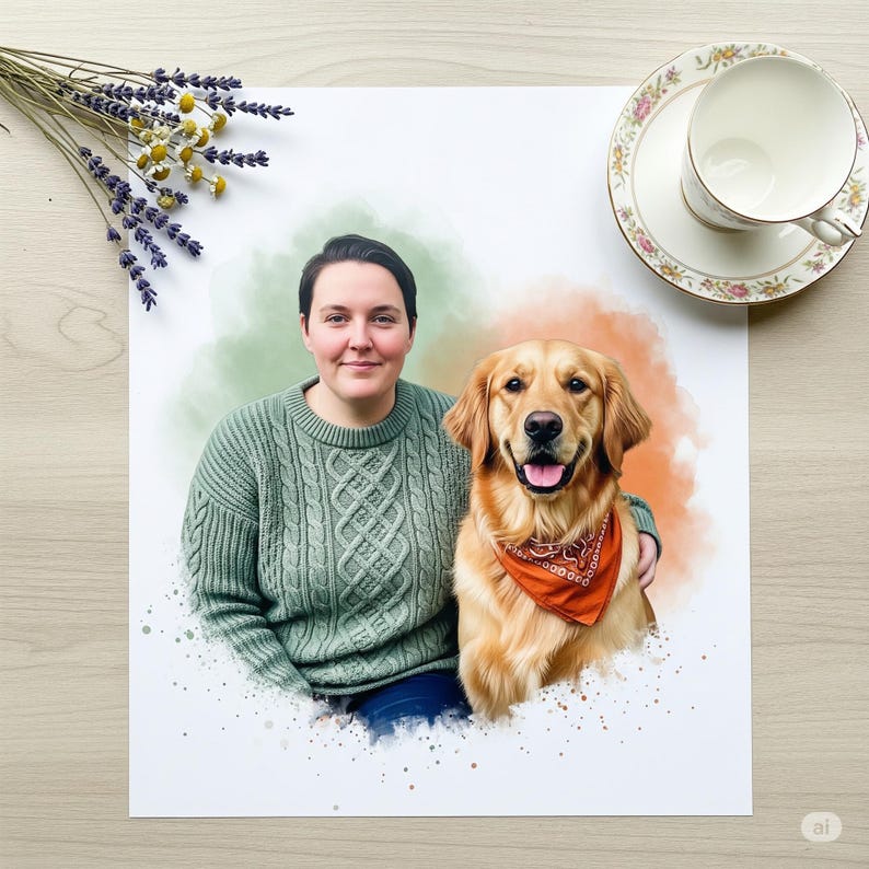 Puede incluir: Retrato digital de una mujer y un golden retriever. La mujer lleva un su&eacute;ter verde y el perro un pa&ntilde;uelo naranja. El fondo tiene acentos de acuarela verdes y naranjas. Se ve una taza de t&eacute; y ramitas de lavanda.
