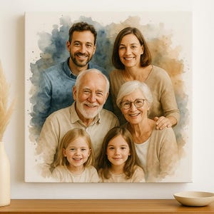 May include: A canvas print of a family portrait, rendered in a watercolour style with soft blue and brown background washes. The image depicts five smiling people: two young girls, two adults, and an elderly couple. The canvas is displayed on a wooden surface.