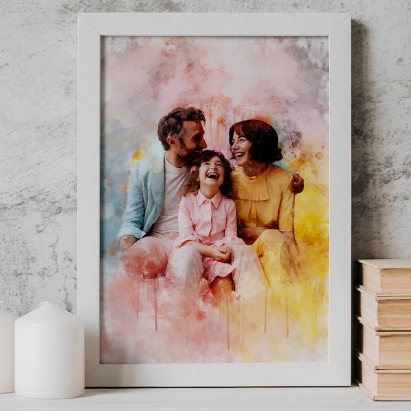 Handgemaakte aquarelkunst van foto | Gepersonaliseerde familieportret | Prachtig uniek jubileumcadeau