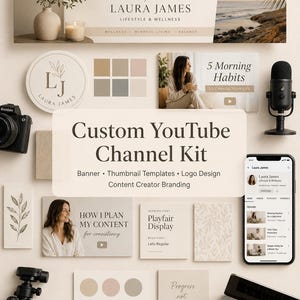 May include: A custom YouTube channel kit featuring a banner, thumbnail templates, and logo design. The branding materials include a color palette, typography, and social media assets displayed alongside a camera, microphone, and smartphone.