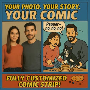 Puede incluir: Un diseño de cómic con dos paneles. El primer panel muestra una pareja. El segundo panel muestra una pareja con un gato, panqueques y el texto "Pepper- no, no, no!". También están presentes los textos "YOUR PHOTO. YOUR STORY. YOUR COMIC" y "FULLY CUSTOMIZED COMIC STRIP!"