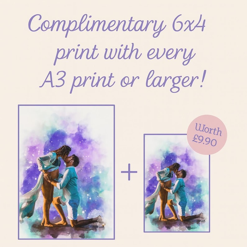 Puede incluir: Impresi&oacute;n en acuarela que representa a una pareja abraz&aacute;ndose, sobre un fondo de tonos morados, azules y verdes. La imagen incluye el texto "Complimentary 6x4 print with every A3 print or larger!"