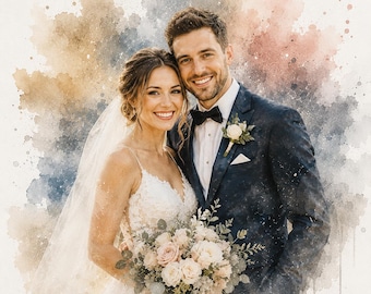 May include: Watercolor-style portrait of a smiling couple on their wedding day. The woman wears a white lace wedding dress and veil, holding a bouquet of pink and white flowers. The man is in a navy suit with a black bow tie and a boutonniere.