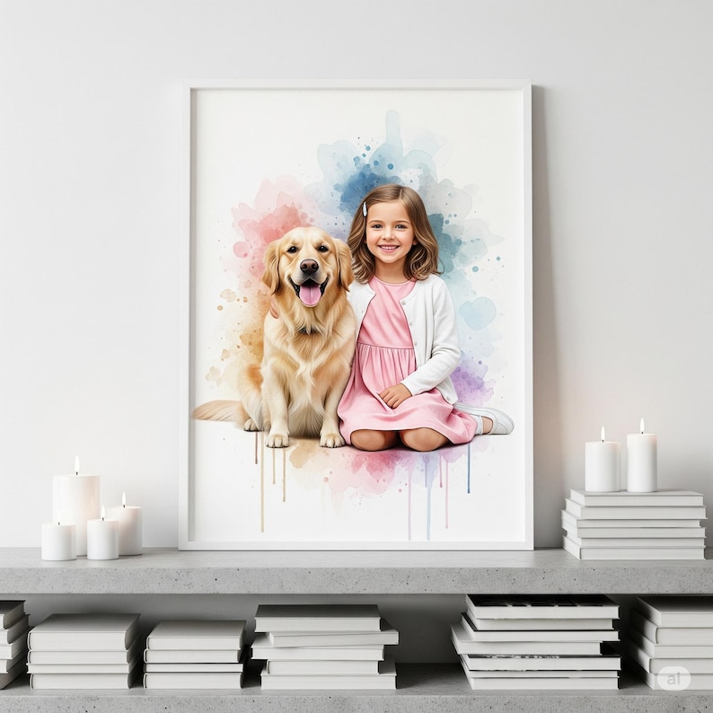Puede incluir: Impresi&oacute;n enmarcada que muestra a una ni&ntilde;a con un vestido rosa y un golden retriever. El fondo presenta salpicaduras de acuarela en rosa, azul y morado. La ni&ntilde;a sonr&iacute;e y el perro est&aacute; sentado a su lado.