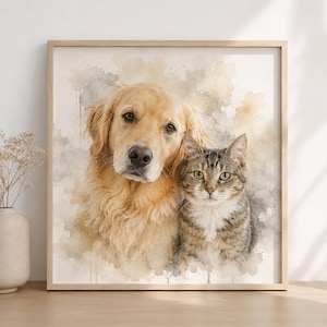 May include: A framed watercolour print featuring a Golden Retriever and a tabby cat. The dog has golden fur, and the cat has grey and brown stripes. The background has soft watercolour washes in neutral tones, within a light wood frame.