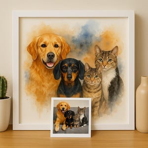 Może przedstawiać: Oprawiony wydruk akwarelowy przedstawiający Golden Retrievera, jamnika i dwa koty pręgowane. Mniejszy oprawiony wydruk poniżej odzwierciedla większy. Grafika ma miękki, malarski styl z ciepłymi, zachęcającymi kolorami.