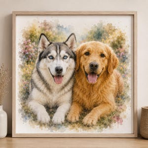 Può includere: Una stampa ad acquerello incorniciata con due cani: un Husky siberiano con occhi blu e un Golden Retriever. I cani sono sdraiati, circondati da un morbido e colorato sfondo floreale. L'opera è in una cornice di legno.