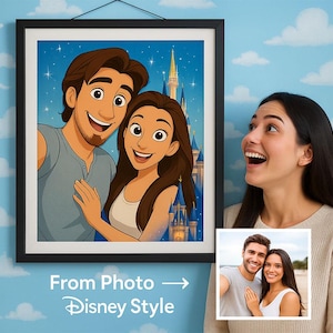 Retrato personalizado de Disney a partir de una foto / Ilustración personalizada de dibujos animados para pareja y familia / Idea de regalo única