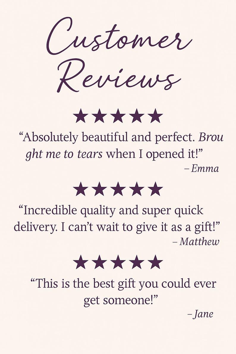 May include: A cream-colored graphic with the words "Customer Reviews" in a cursive font. Below are three customer testimonials, each with a five-star rating and a customer's name.