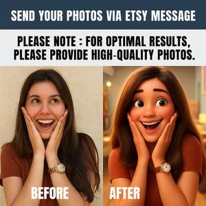 May include: Image comparing a photo before and after editing. The text at the top says "SEND YOUR PHOTOS VIA ETSY MESSAGE" and "PLEASE NOTE: FOR OPTIMAL RESULTS, PLEASE PROVIDE HIGH-QUALITY PHOTOS."