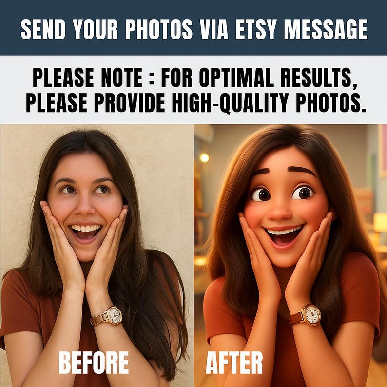 May include: Image comparing a photo before and after editing. The text at the top says "SEND YOUR PHOTOS VIA ETSY MESSAGE" and "PLEASE NOTE: FOR OPTIMAL RESULTS, PLEASE PROVIDE HIGH-QUALITY PHOTOS."