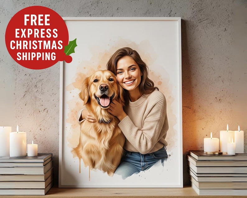 Retrato personalizado de mascota y dueño en acuarela – Arte personalizado para mascotas imagen 1