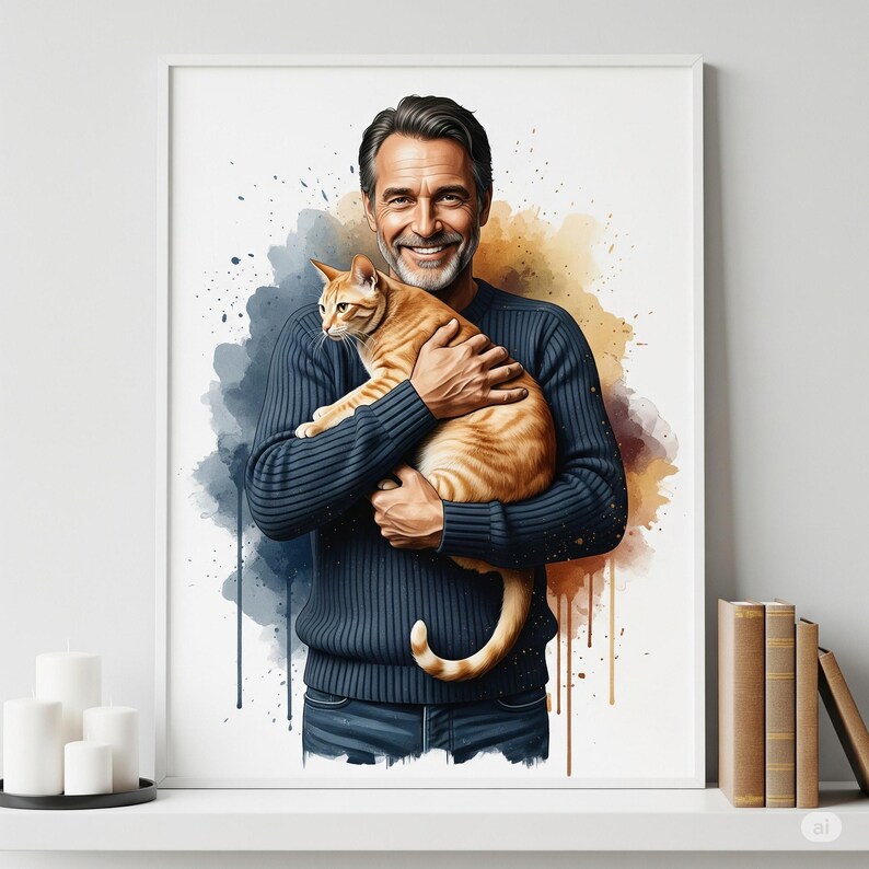 Puede incluir: Una impresi&oacute;n art&iacute;stica enmarcada que muestra a un hombre sosteniendo un gato atigrado jengibre. El hombre lleva un jersey azul marino y vaqueros. El fondo tiene salpicaduras de acuarela en azul, amarillo y naranja.