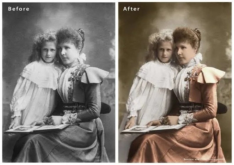 K&ouml;nnte beinhalten: Ein Schwarzwei&szlig;foto von zwei Frauen, eine &auml;ltere und eine j&uuml;ngere, die zusammen sitzen. Die &auml;ltere Frau tr&auml;gt ein dunkles Kleid mit Spitzenbesatz und einer Brosche. Die j&uuml;ngere Frau tr&auml;gt ein wei&szlig;es Kleid mit Spitzenkragen. Beide schauen in die Kamera. Das Foto wurde koloriert, das Kleid der &auml;lteren Frau ist jetzt rotbraun.