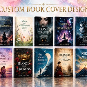 May include: A collection of ten custom book cover designs arranged in two rows. The covers feature various artistic illustrations including landscapes, figures, crowns, and celestial themes, each with distinct titles and author names printed in white text.