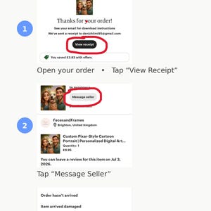 Puede incluir: Captura de pantalla que muestra instrucciones sobre c&oacute;mo enviar una foto para un retrato de arte digital personalizado. Los pasos incluyen ver el recibo y enviar un mensaje al vendedor. El texto incluye "&iexcl;Gracias por tu pedido!" y "Mensaje al vendedor."
