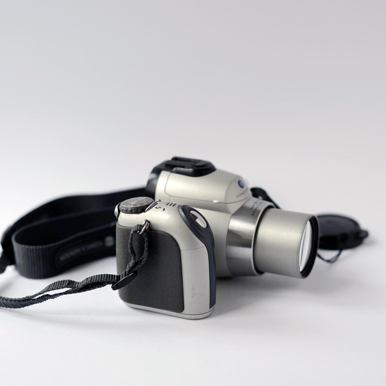 Pu&ograve; includere: Una fotocamera digitale argentata e nera con un copriobiettivo. La fotocamera ha una tracolla nera.