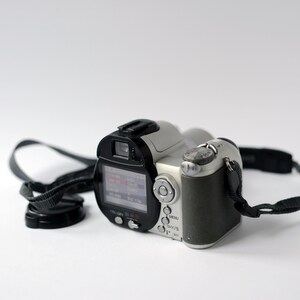 Pu&ograve; includere: Una fotocamera digitale argentata e nera con un cinturino nero. La camera ha un piccolo schermo LCD e diversi pulsanti, tra cui un pulsante di menu.