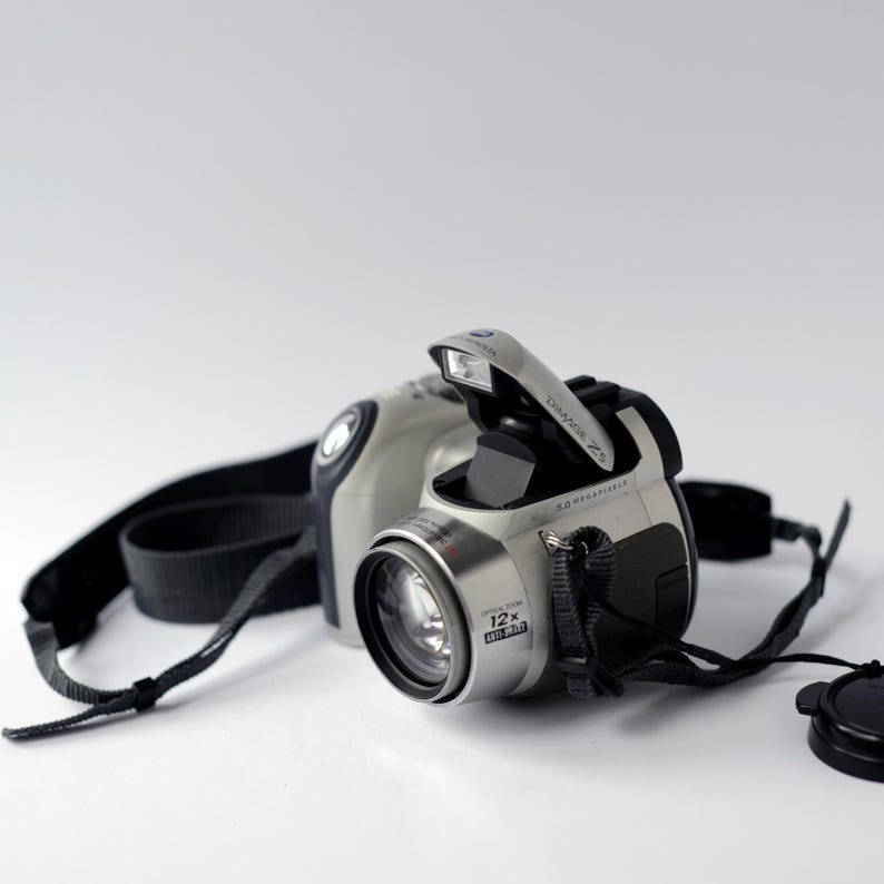 Pu&ograve; includere: Una fotocamera digitale argentata con una tracolla nera e un tappo per l'obiettivo. La fotocamera ha un flash incorporato e uno zoom ottico 12x.