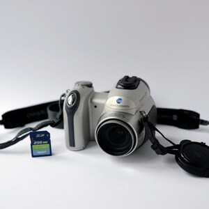 Pu&ograve; includere: Una fotocamera digitale argentata con un obiettivo nero e una tracolla nera. La fotocamera ha una scheda di memoria inserita, etichettata "256 MB".