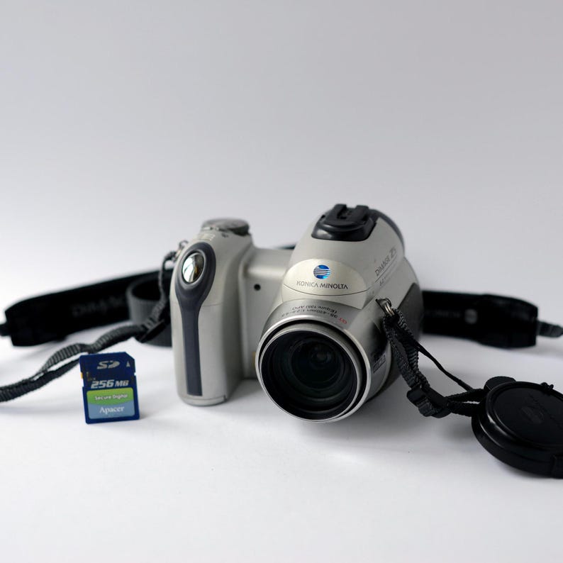 Pu&ograve; includere: Una fotocamera digitale argentata con un obiettivo nero e una tracolla nera. La fotocamera ha una scheda di memoria inserita, etichettata "256 MB".