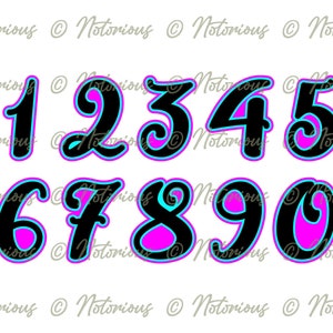 May include: Black numbers 1 through 9 with a pink and blue outline. The numbers are in a stylized font.