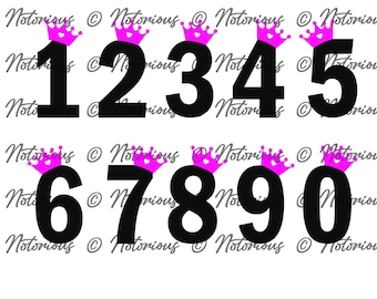 May include: Black numbers 1 through 10 with pink crowns on top. The numbers are in two rows of five.