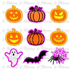 May include: Set of nine Halloween-themed iron-on patches. The patches feature a ghost, a bat, a spider web with a spider, and four pumpkins with different facial expressions. The pumpkins are orange with black outlines and yellow faces. The ghost is white with a pink outline and two black eyes. The bat is black with a pink outline. The spider web is purple with a black spider. The patches are perfect for adding a spooky touch to clothing, bags, or other accessories.