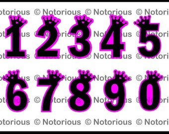 May include: Ten black numbers with a pink crown on top, each number is outlined in pink.