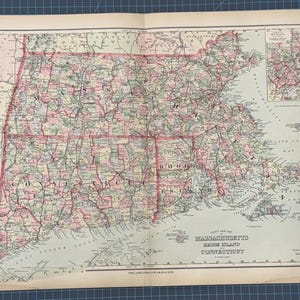 Carte de l'Atlas victorien de 1889 du Massachusetts, Rhode Island, Connecticut