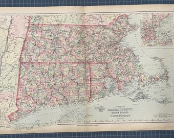 Mapa Atlas victoriano de 1889 de Massachusetts, Rhode Island y Connecticut