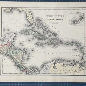 Atlas continental de l'époque victorienne de 1889, carte Frank Gray des Antilles, de l'Amérique centrale, des Bermudes