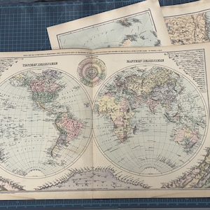 Carte de l'Atlas victorien de 1889 de l'Amérique du Nord, des hémisphères du monde, des îles