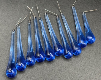 Vintage Deadstock Lot of 10 Bright Blue Czech Replublic Glass TearDrop Chandelier Candle Prisms