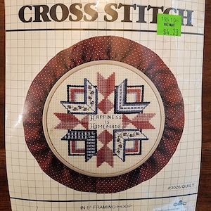 Vintage 1980&#39;s Counted Cross Stitch Kit with Hoop Happiness is Homemade