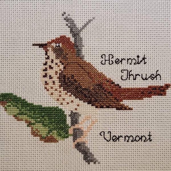 Vintage Hermit Thrush Vermont State Bird Hand Embroidered Cross Stitch