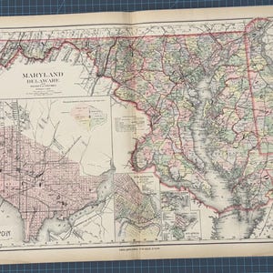 1889 Viktorianische Atlas-Karte Washington DC, Maryland, Richmond, Baltimore, Delaware