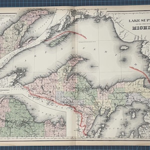 Atlas continental victorien de 1889 Frank Gray, carte de la péninsule supérieure du lac Supérieur, au Michigan