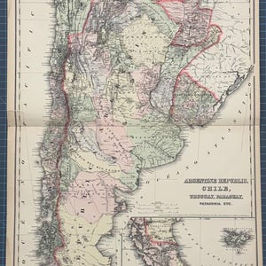 Atlas continental victorien de 1889, carte Frank Gray de la République argentine, du Chili, de l'Uruguay, du Paraguay, de la Patagonie, d'Hawaï, du Pérou, de la Bolivie
