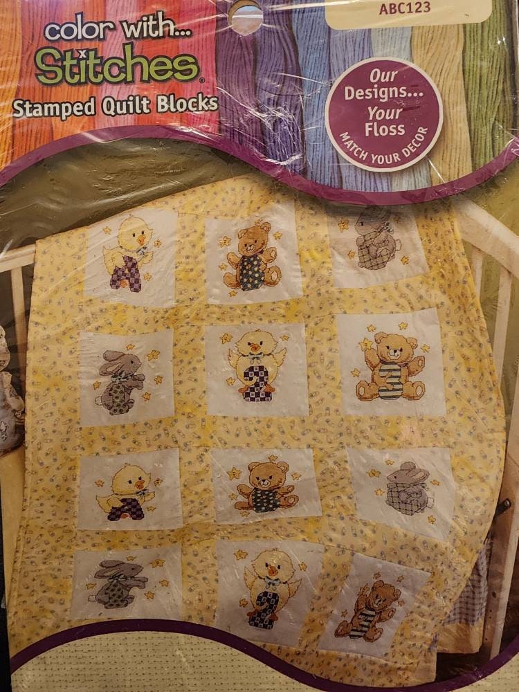 VINTAGE Janlynn Fly Away Bunny Crib Cover Baby Quilt Stamped Cross Stitch  Kit 