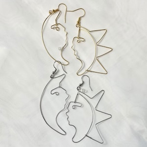 Stainless Steel Sun And Moon Earrings, Sun and Moon, Wire Wrapped, Stainless Steel, Gold Colored, Handmade Earrings, Gift For Her, Earrings