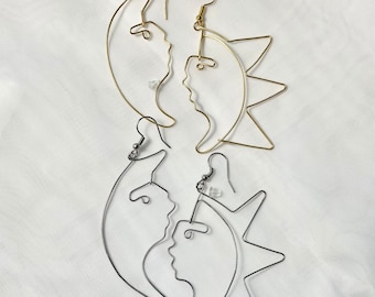 Stainless Steel Sun And Moon Earrings, Sun and Moon, Wire Wrapped, Stainless Steel, Gold Colored, Handmade Earrings, Gift For Her, Earrings