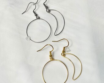 Gold And Silver Moon Earrings, Sun and Moon, Wire Wrapped, Stainless Steel, Gold Colored, Handmade Earrings, Gift For Her, Earrings